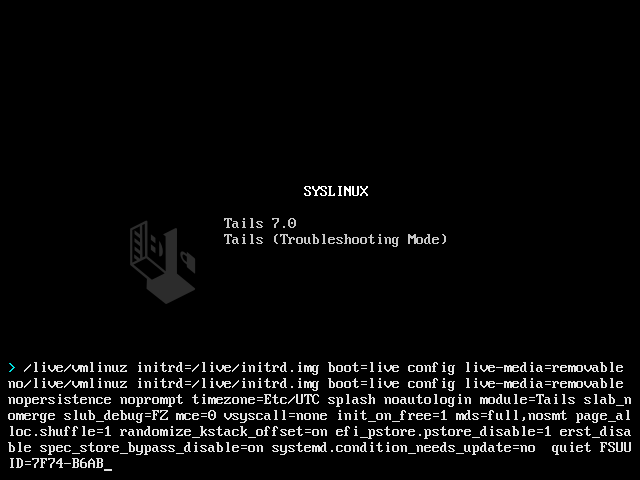 SYSLINUX with
a list of options starting with '/live/vmlinuz' at the bottom